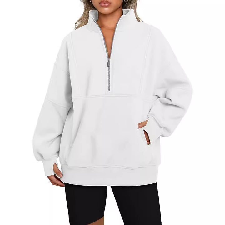 Women's Oversized Sweatshirt with Half Zipper, Kangaroo Pocket and Stand-up Collar Mune Fashion