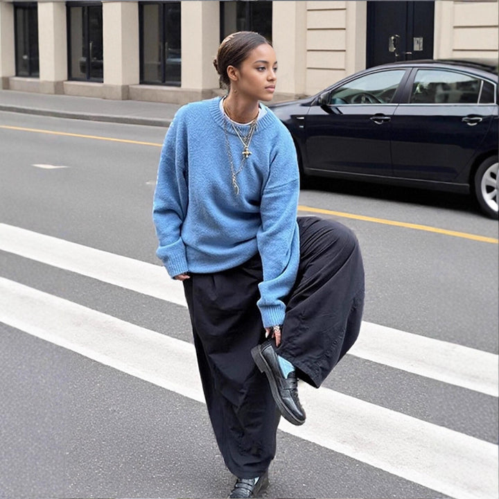 Women Fluffy Boxy Knit Sweater made of Alpaca Mix with Wide Round Neckline Mune Fashion