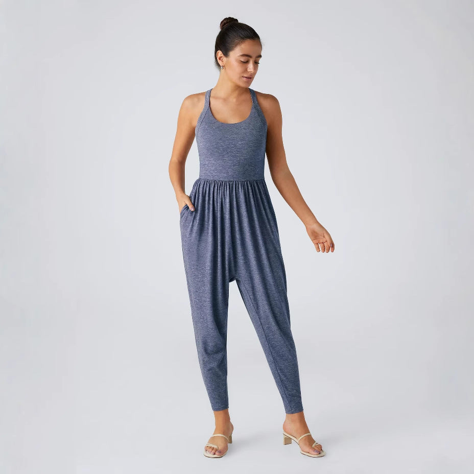 Women's casual jersey jumpsuit with racerback, smocked waist and side pockets Mune Fashion