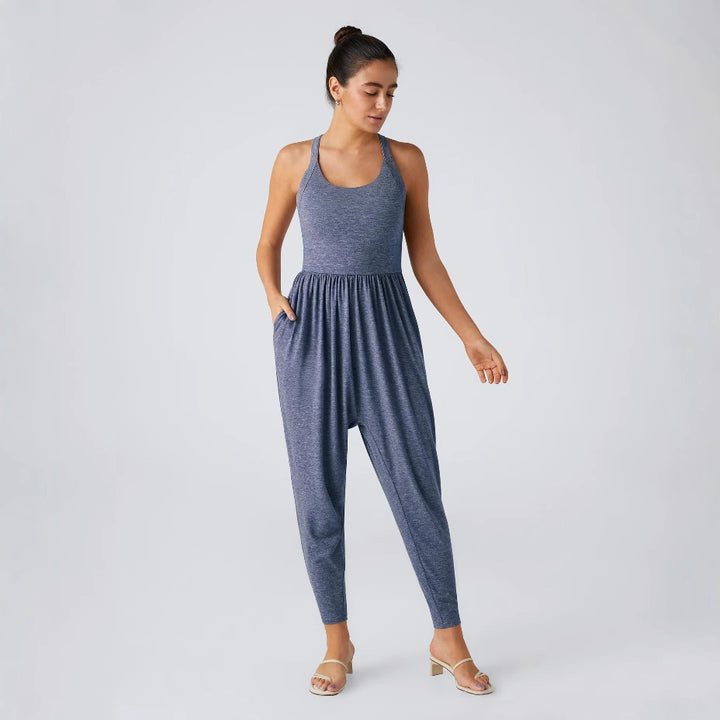 Women's casual jersey jumpsuit with racerback, smocked waist and side pockets Mune Fashion