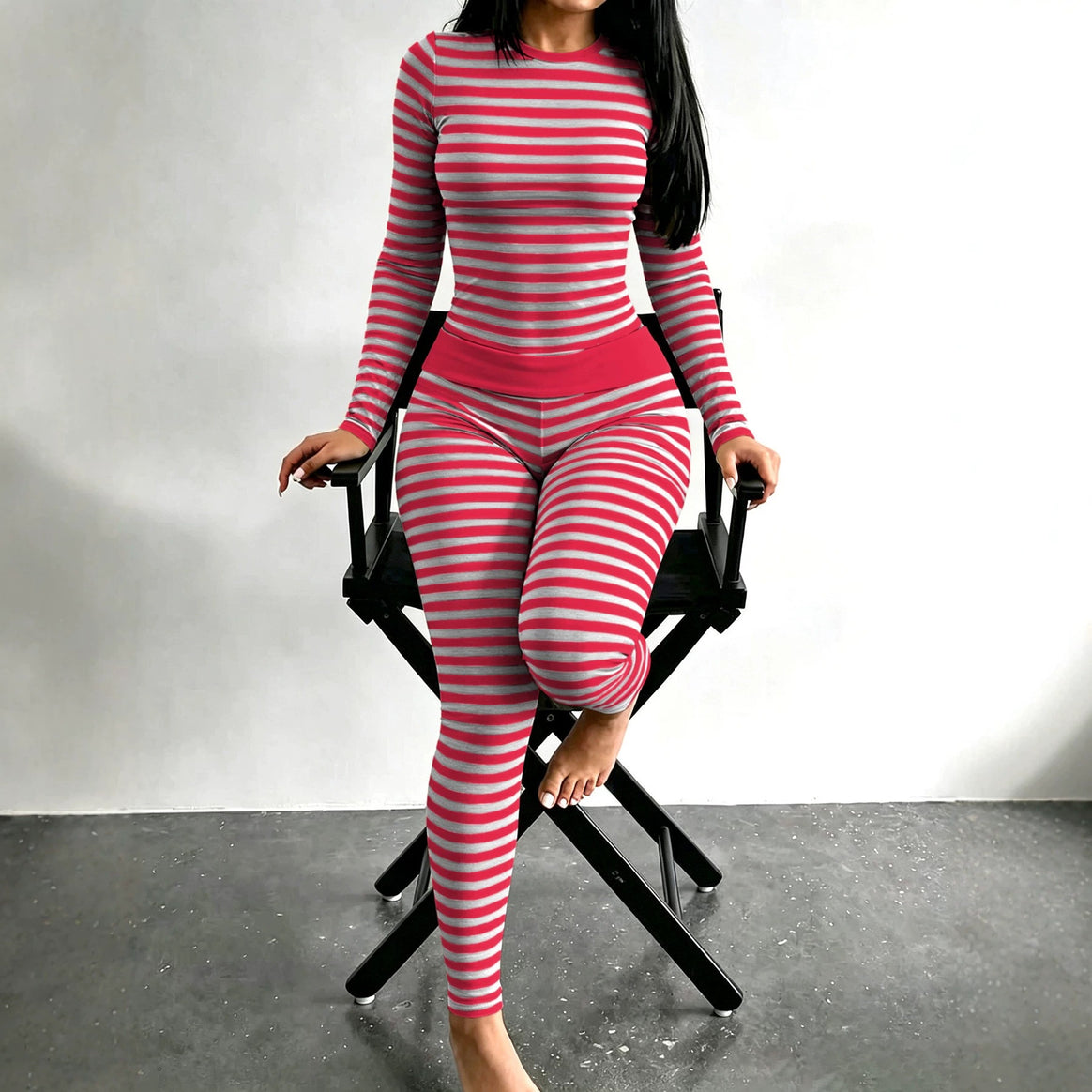 Women Figure-Flattering Stretch Lounge Set with Long Sleeve Top and High-Waisted Leggings Mune Fashion