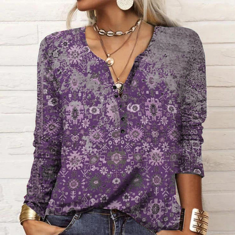 Women Loose Long Sleeve Henley Shirt with V-Neck, Button Placket and Ombre Print Mune Fashion