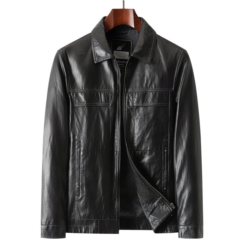 Men's Smooth Leather Look Blouson Jacket in Shirt Jacket Style with Continuous Zipper Mune Fashion