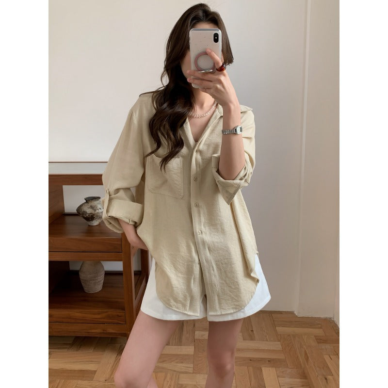 Ladies Casual Linen Look Long Shirt with Oversize Cut and Breast Pocket Mune Fashion