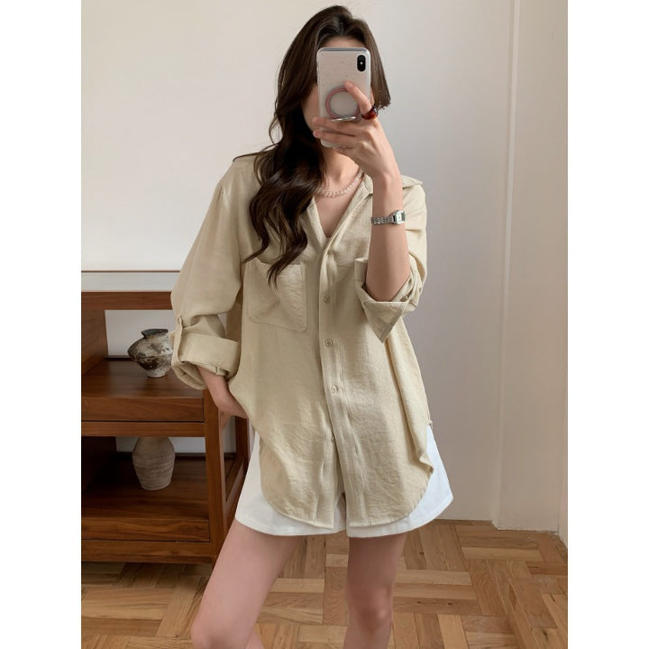 Ladies Casual Linen Look Long Shirt with Oversize Cut and Breast Pocket Mune Fashion