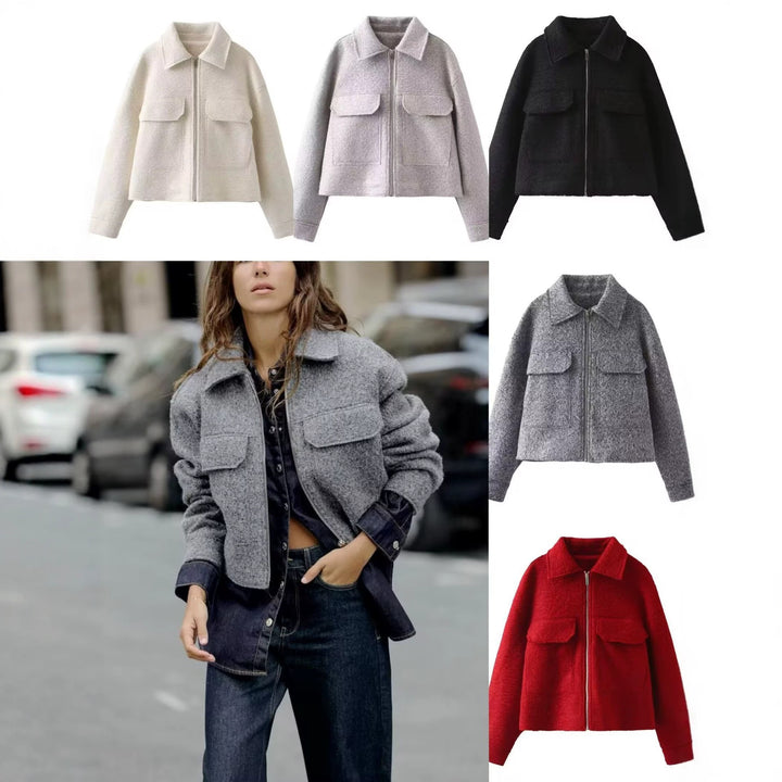 Women Short Boucle Jacket in Boxy Cut with Zip and Flap Pockets Mune Fashion