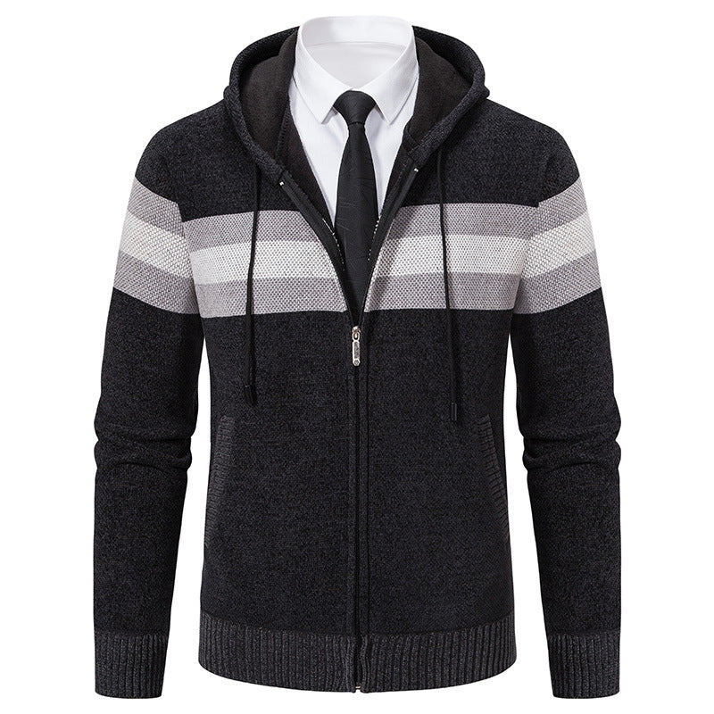 Men's Knitted Hooded Cardigan with Contrast Stripes and Zipper Mune Fashion