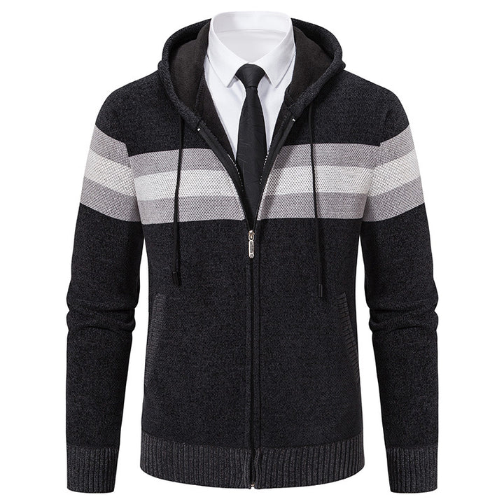 Men's Knitted Hooded Cardigan with Contrast Stripes and Zipper Mune Fashion