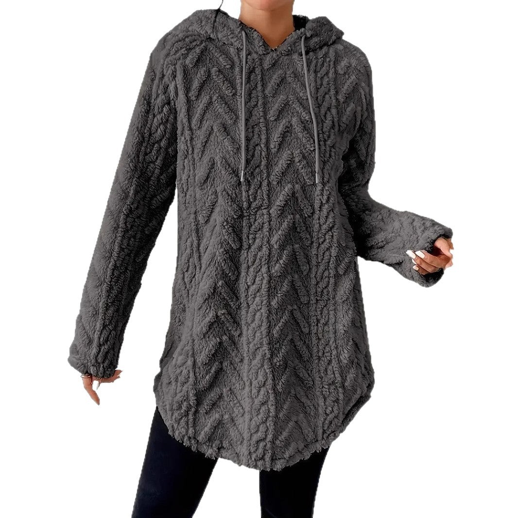 Women's cozy hooded jacket made of teddy fleece with cable pattern and gathered hem Mune Fashion