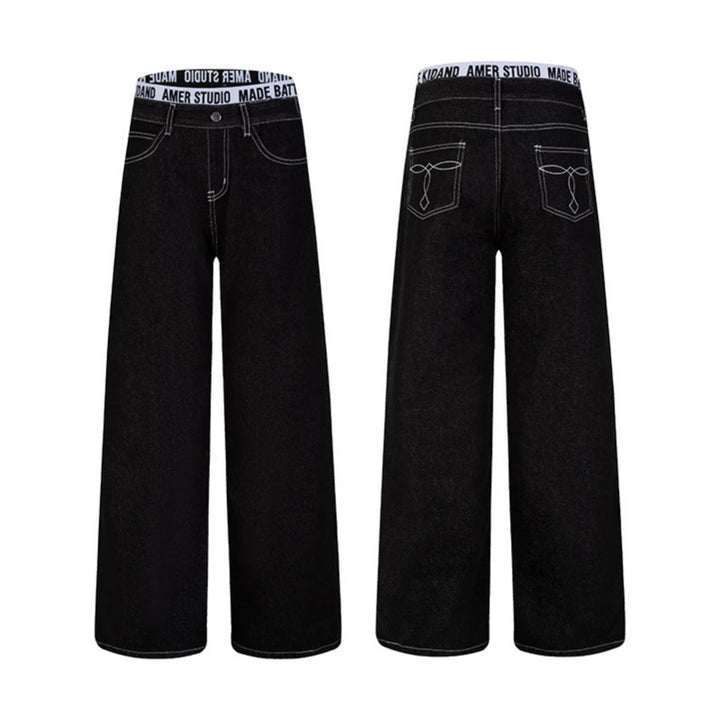 Women Wide High-Waist Denim Pants with Logo Elastic Waistband and Palazzo Silhouette Mune Fashion