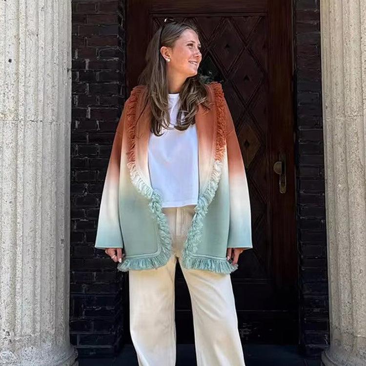Women's Gradient Knit Cardigan with Fringes and Shawl Collar Mune Fashion