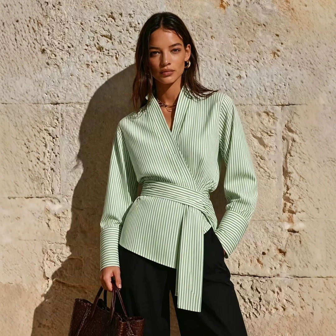 Women Elegant Wrap Top with Stripes Mune Fashion