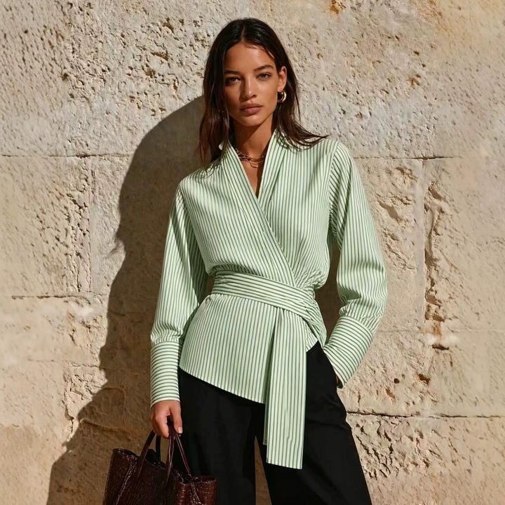 Women Elegant Wrap Top with Stripes Mune Fashion