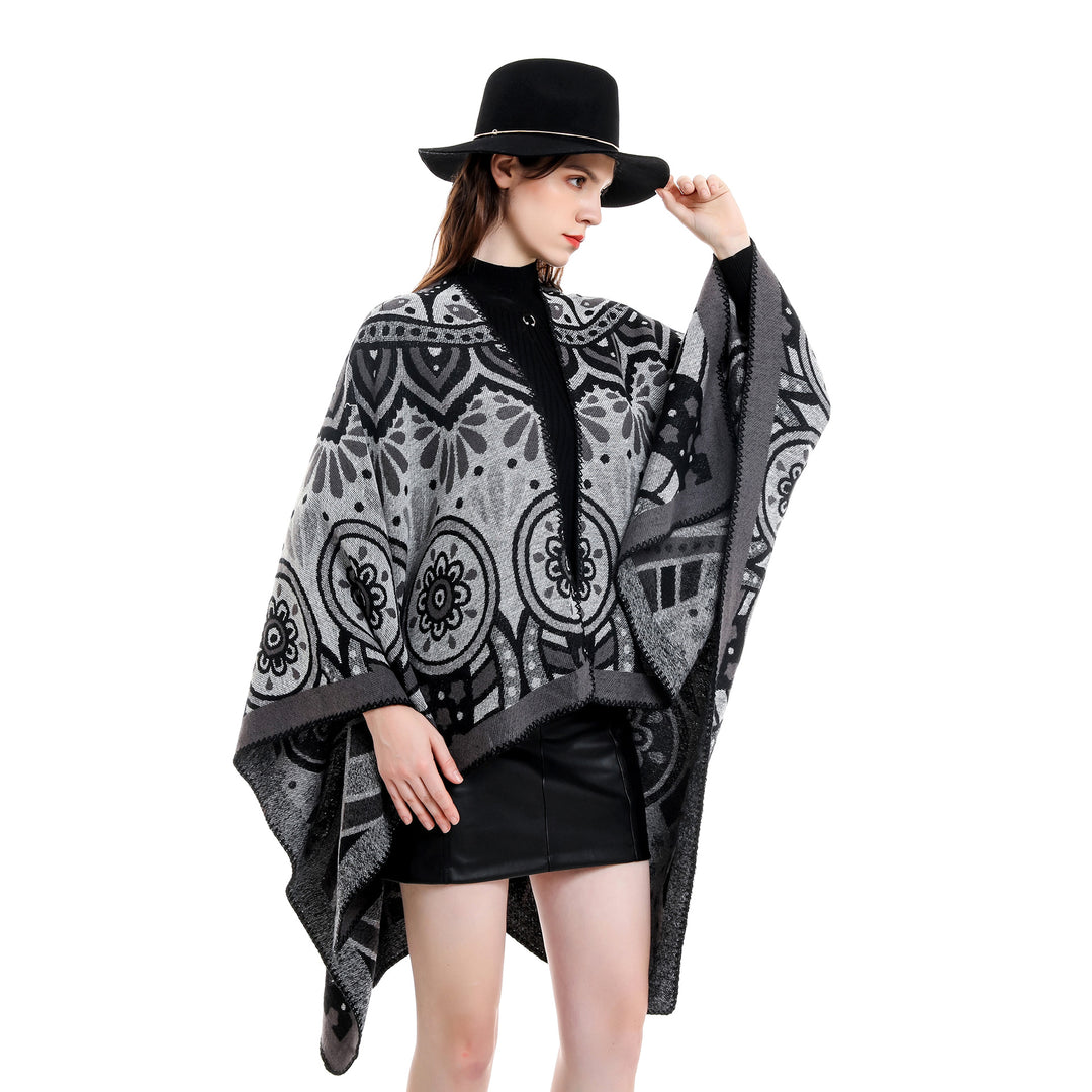 Women's wool blend cape poncho with ornamental jacquard structure and open fall Mune Fashion
