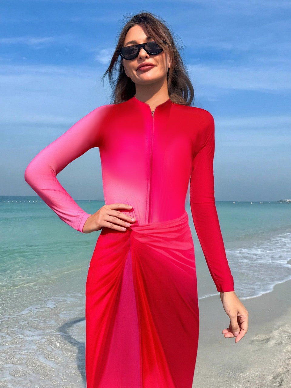 Women's stylish long sleeve swimsuit with wrap skirt Mune Fashion