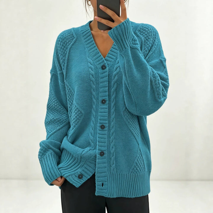 Women's Oversize Knit Cardigan with Cable and Texture Details Mune Fashion