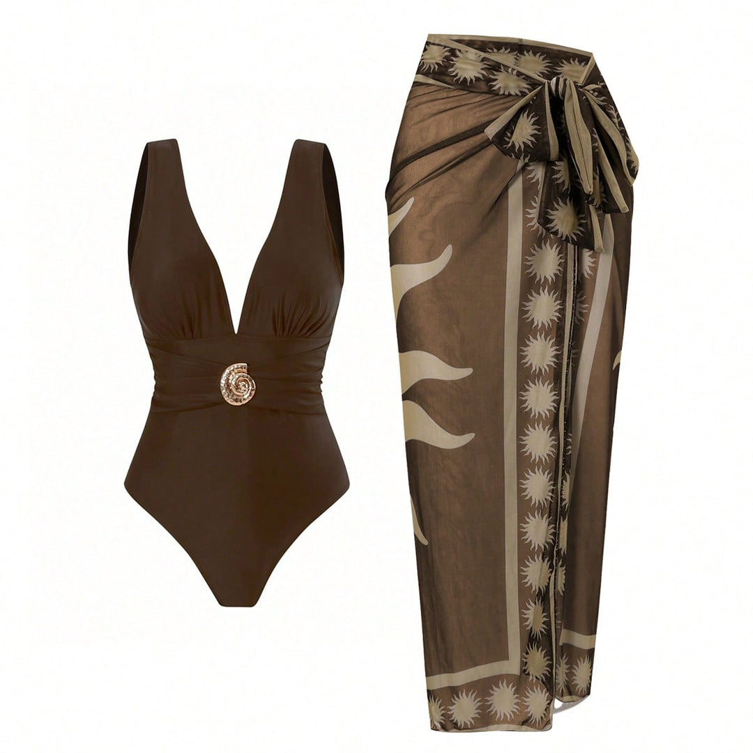 Women's swimsuit with feminine wrap skirt and elegant jewelry detail Mune Fashion