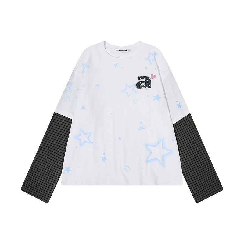 Women's layered long-sleeve shirt with striped insert sleeves, star print, and application Mune Fashion