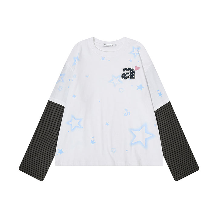 Women's layered long-sleeve shirt with striped insert sleeves, star print, and application Mune Fashion