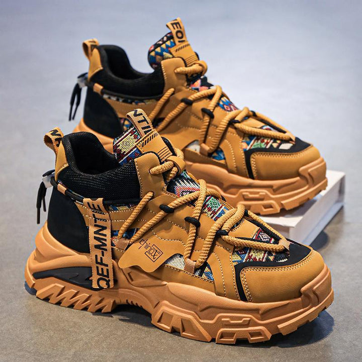 Women's chunky platform sneakers with ethnic textile overlays and sturdy tread sole Mune Fashion