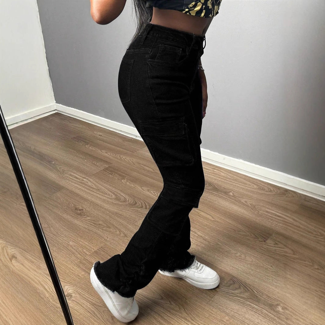 Ladies High-Waisted Cargo Jeans with Multiple Flap Pockets and Long Leg Mune Fashion