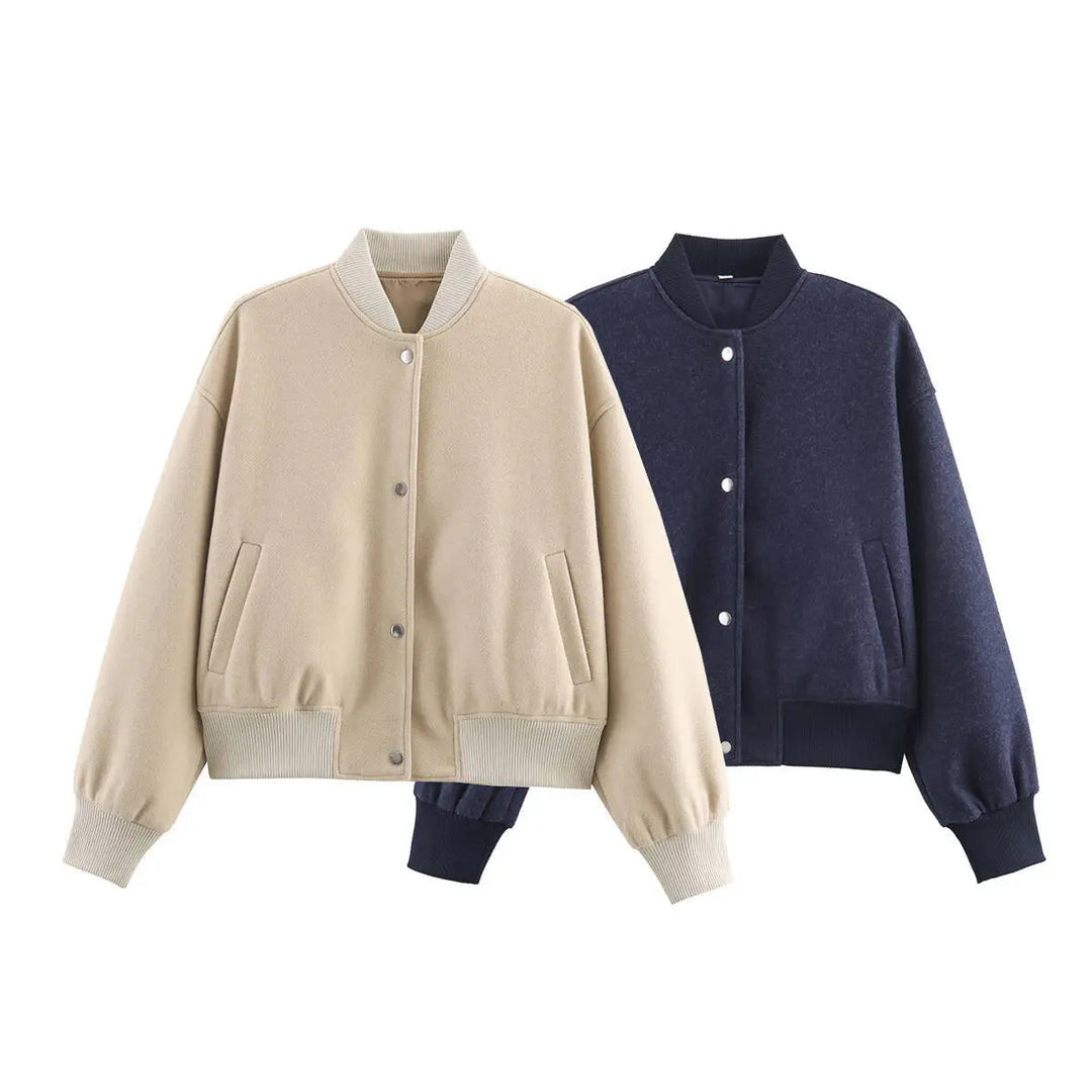Women's nan tailored wool look college jacket with concealed snap button placket and side slip pockets Mune Fashion