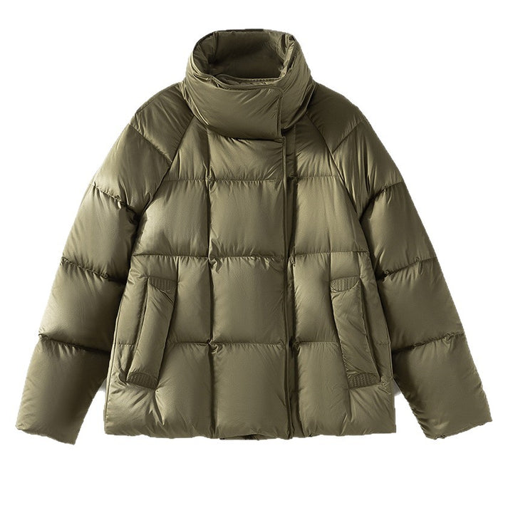 Women Short Boxy Puffer Jacket with High Stand Collar and Raglan Sleeves Mune Fashion