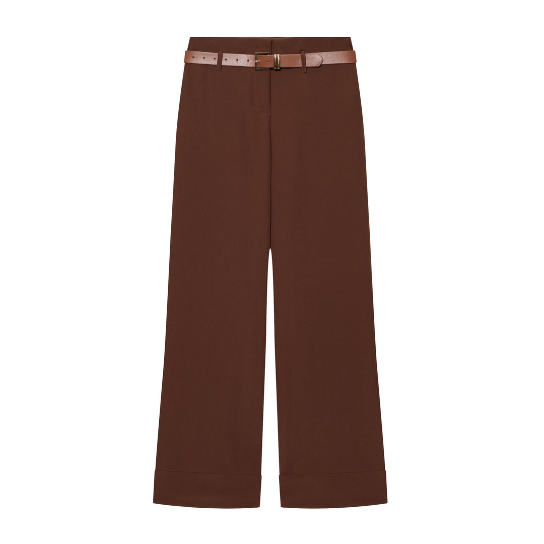 Women Wide High-Waist Trousers with Cuffed Hem, Pleat and Waist Belt Mune Fashion