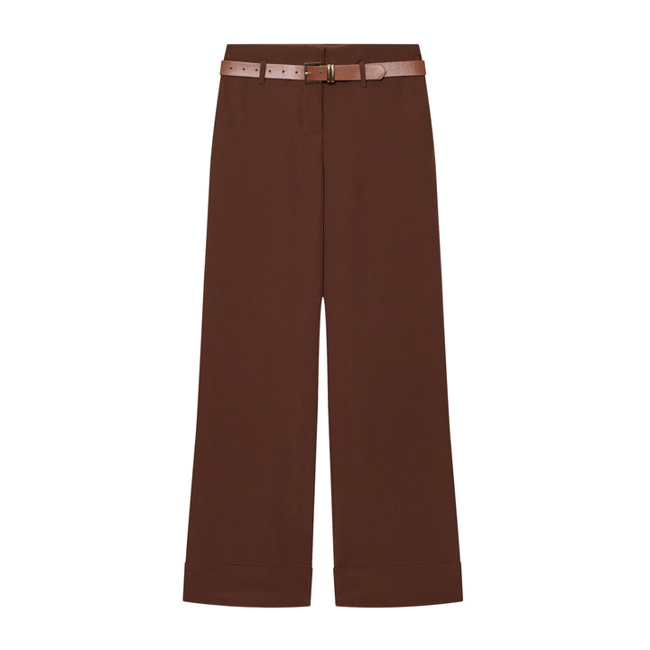 Women Wide High-Waist Trousers with Cuffed Hem, Pleat and Waist Belt Mune Fashion
