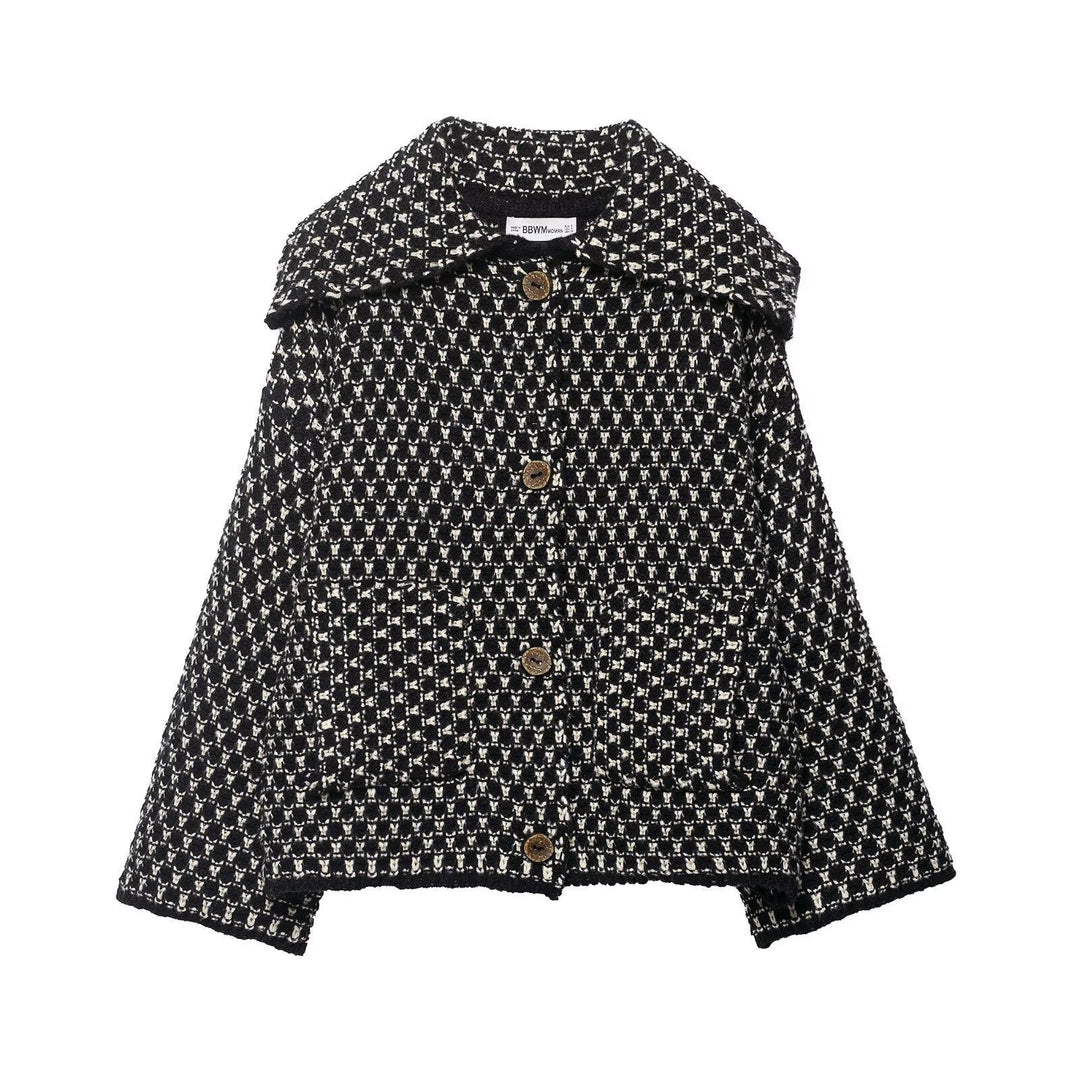 Women's casual bouclé tweed jacket with large lapel collar, patch pockets, and decorative wooden buttons Mune Fashion