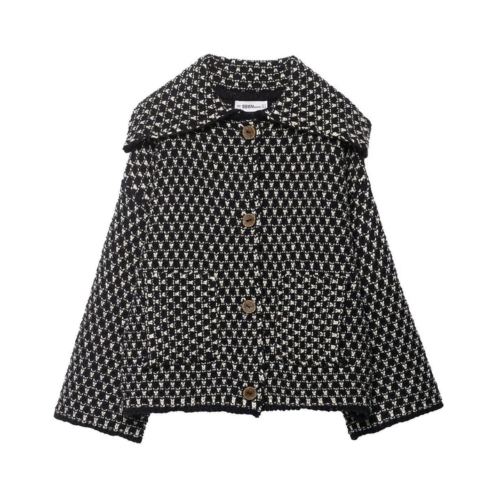 Women's casual bouclé tweed jacket with large lapel collar, patch pockets, and decorative wooden buttons Mune Fashion