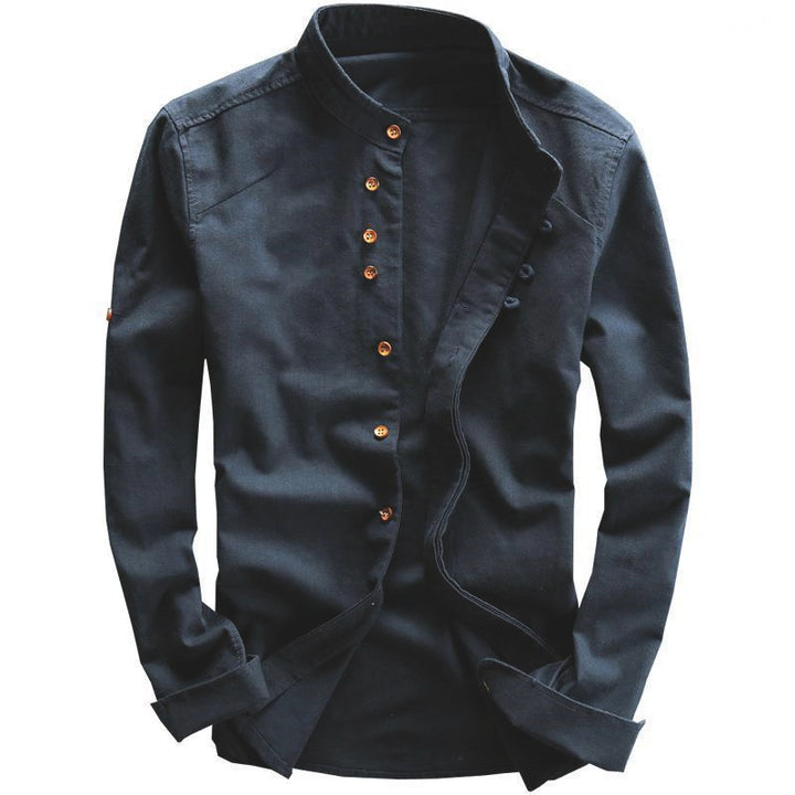 Men's Lightweight Linen Overshirt with Stand Collar and Decorative Button Placket Mune Fashion