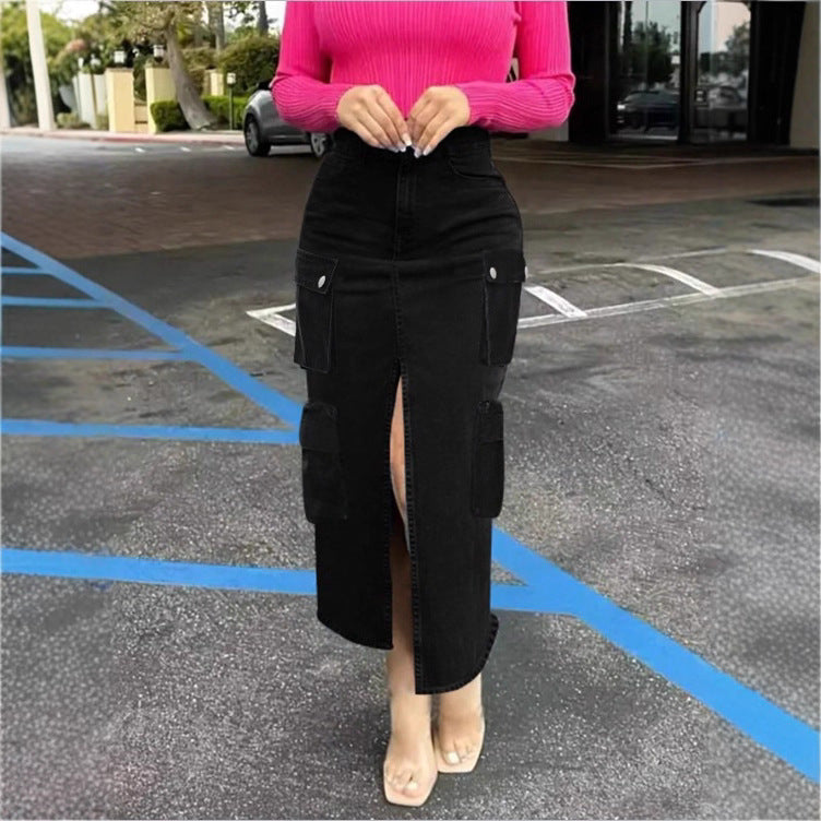Women's cargo jeans midi skirt with front slit and patch cargo pockets Mune Fashion