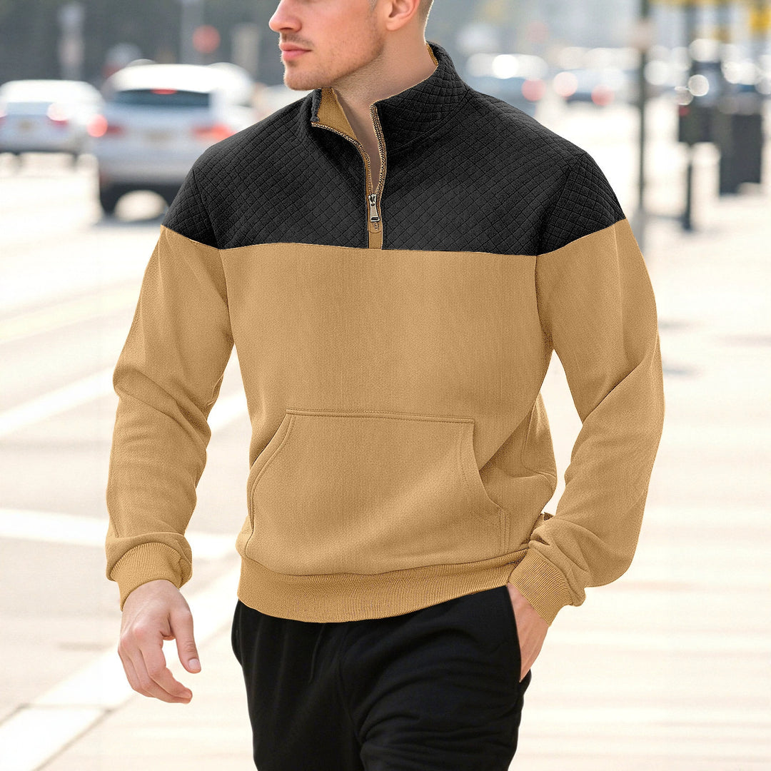 Men's half-zip sweatshirt with quilted shoulder area, kangaroo pocket, and ribbed cuffs Mune Fashion