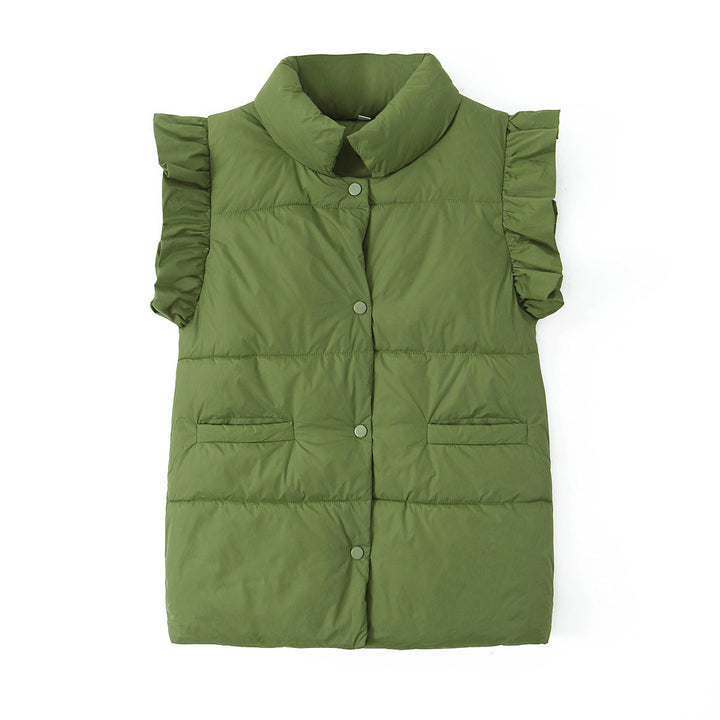 Women's sleeveless quilted vest with ruffled sleeves, stand-up collar, and concealed snap buttons Mune Fashion