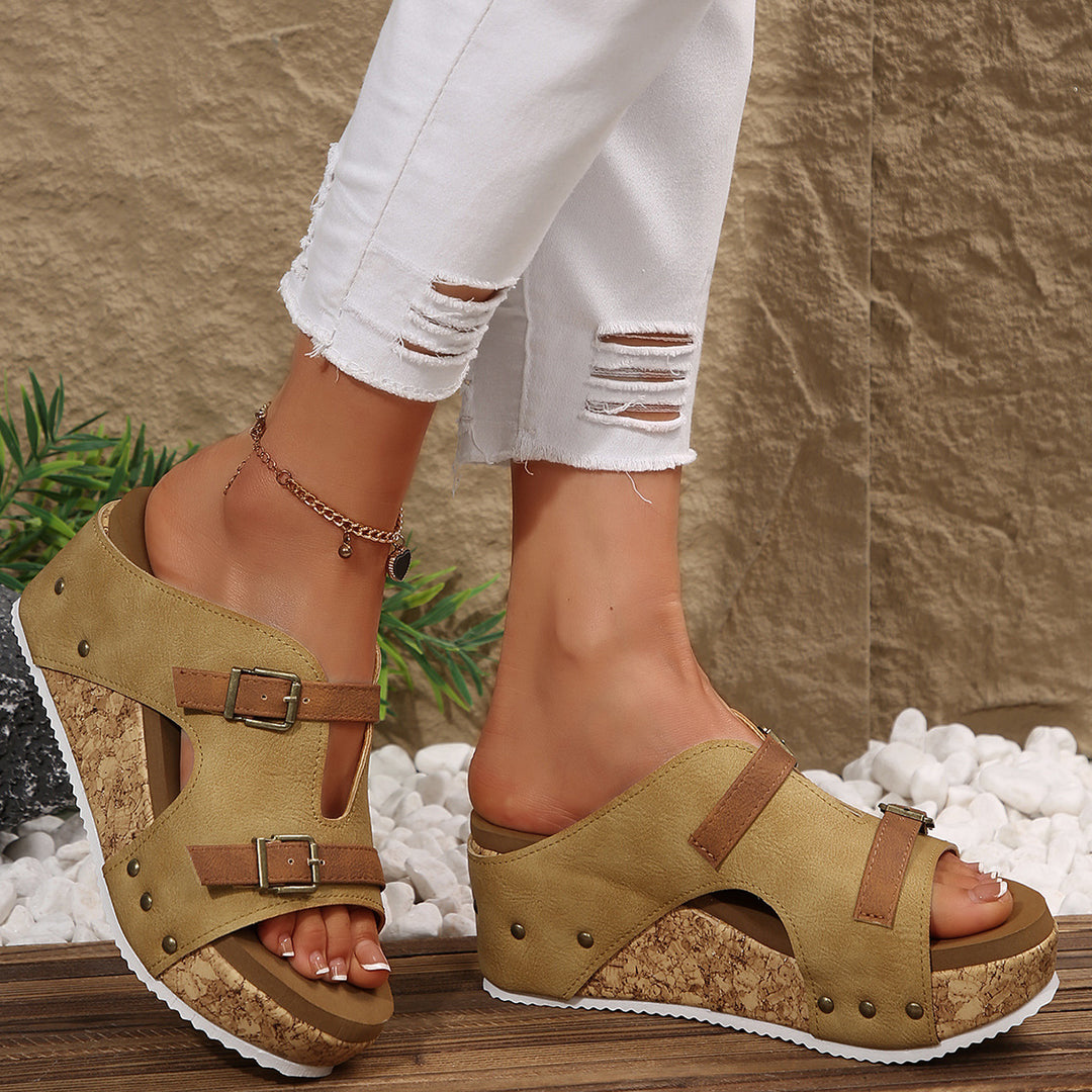 Ladies nan cork wedge sandals with two adjustable buckles, stud application and ergonomic footbed Mune Fashion