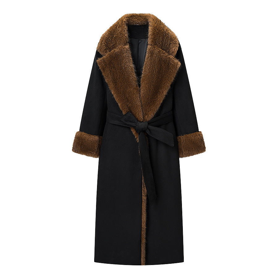Women Tailored Maxi Coat with Faux Fur Shawl Collar and Tied Belt Mune Fashion