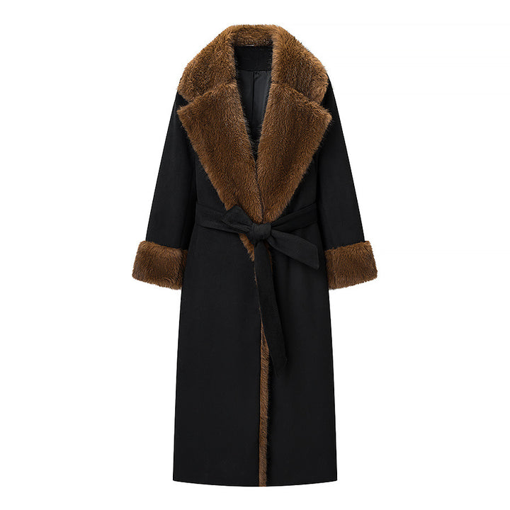Women Tailored Maxi Coat with Faux Fur Shawl Collar and Tied Belt Mune Fashion