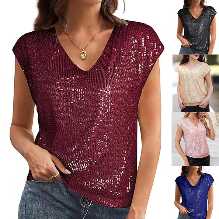 Women’s Sleeveless Sequin Top with V-Neck and Ruffled Hem Mune Fashion