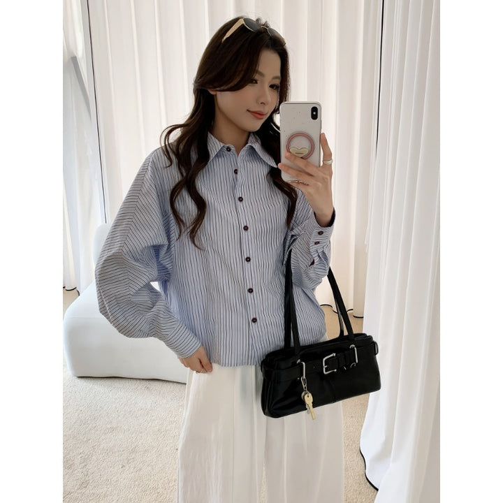 Women Oversized Shirt Blouse with Striped Pattern and Balloon Sleeves Mune Fashion