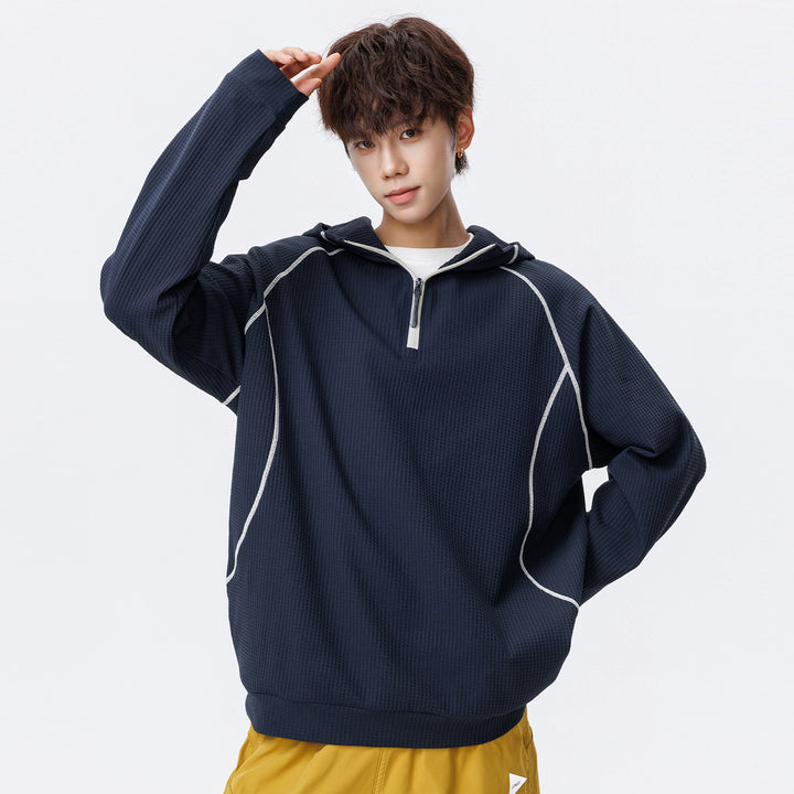 Unisex Oversize Waffle Texture Half-Zip Hoodie with Raglan Sleeves and Contrast Piping Drune