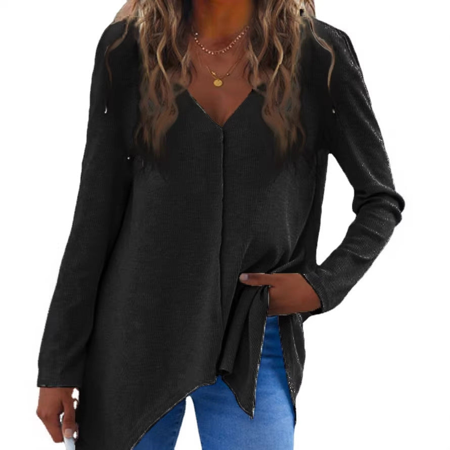 Ladies V neck fine knit tunic with asymmetrical hem and side slit Mune Fashion
