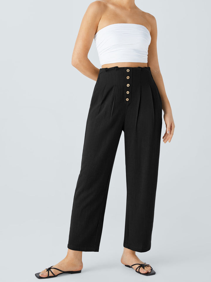 Women's High-Waisted Pleated Linen Pants with Decorative Button Placket Mune Fashion