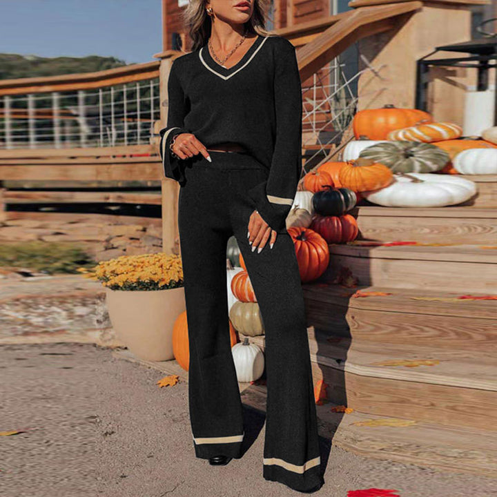 Women's Casual Knitted Jumpsuit with Wide Leg and V-Neck Mune Fashion