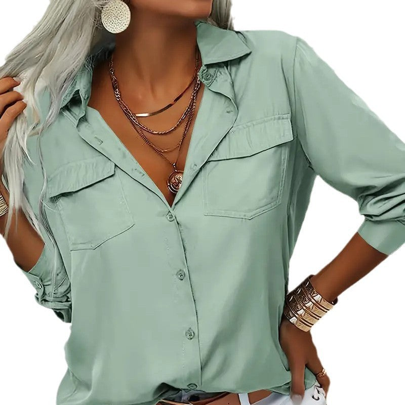 Ladies light V-neck chiffon blouse with breast pockets and buttoned front closure Mune Fashion
