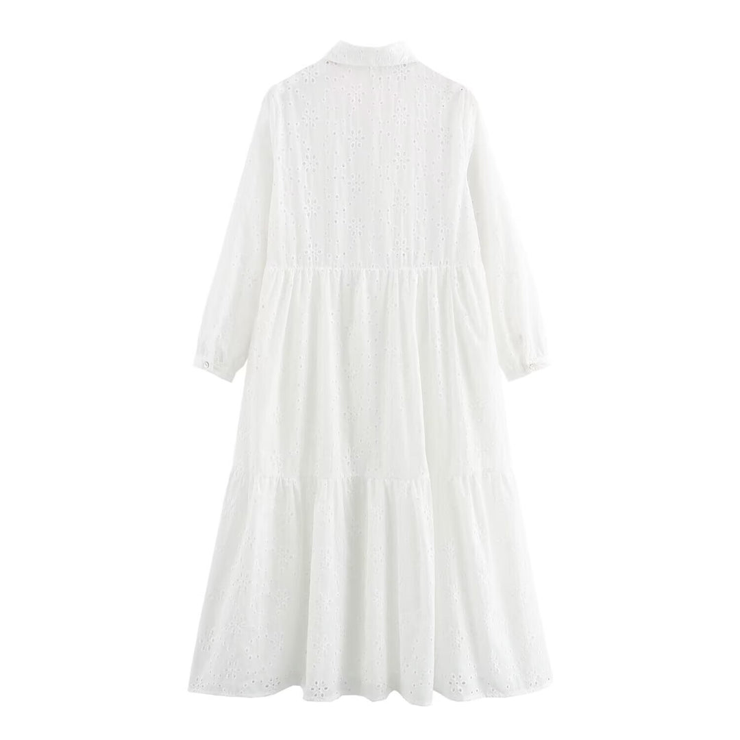 Women Broderie-Anglaise Shirt Dress with Tiered Skirt Mune Fashion