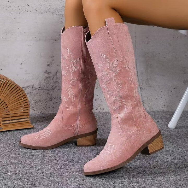 Ladies knee-high boots in western style with mid-high block heel, side zipper, and embroidered suede finish Mune Fashion