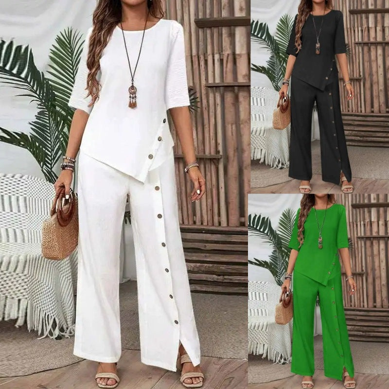 Women's asymmetric two-piece lounge set with 3/4 sleeves and side button decoration Mune Fashion