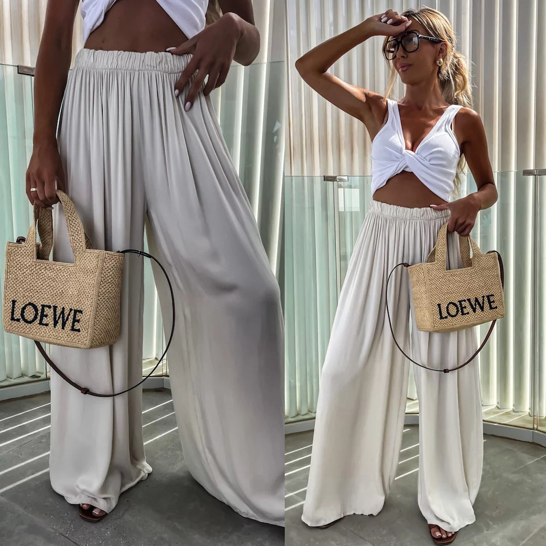 Women wide-cut Palazzo pants with high elastic waistband and flowing jersey Mune Fashion