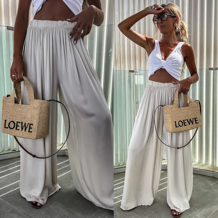 Women wide-cut Palazzo pants with high elastic waistband and flowing jersey Mune Fashion